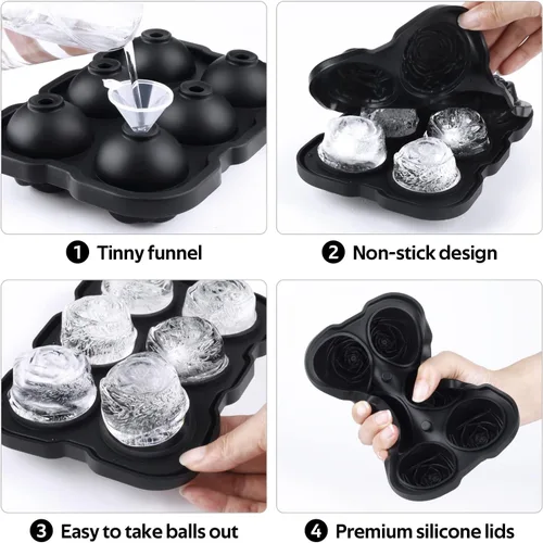 Miniatura 3 de Bandeja para cubitos de hielo, Mikiwon bandejas para cubitos de hielo en forma de rosa de 2 pulgadas con tapas, molde para bolas de hielo de Negro