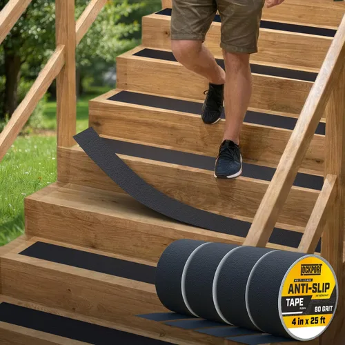 Miniatura 8 de Lockport Cinta antideslizante – Cinta de agarre negra resistente para escaleras, 4 pulgadas x 25 pies para peldaños de escalera antideslizante Negro