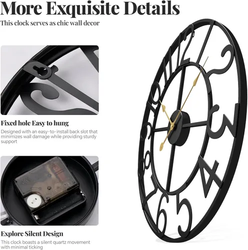 Miniatura 4 de Reloj de pared negro de 16 pulgadas decorativo, moderno reloj de metal para sala de estar, funciona con pilas, silencioso, sin tictac, números
