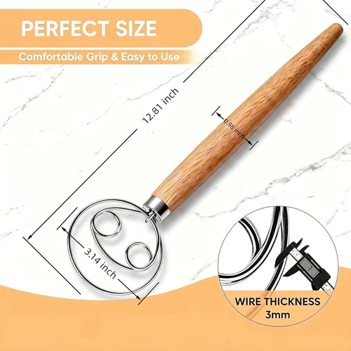 Miniatura 5 de Maxjoy Batidor de masa danesa para hornear pan de masa madre, gancho de acero inoxidable con mango de madera Batidor de masa de 2 ojos