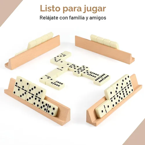 Miniatura 2 de Conjunto de dominós jumbo para adultos con 4 estantes/bandejas de madera, juego de dominós doble 6 de viaje con estuche portátil, juego de dominós