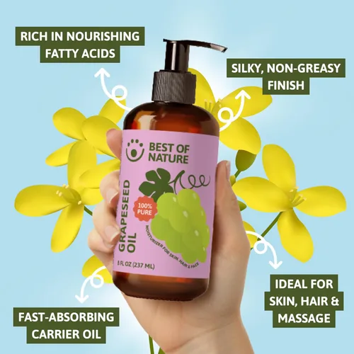 Miniatura 7 de Best of Nature Aceite corporal y masaje de semilla de uva 100% puro, sin perfume, ligero y no graso para cabello, piel, cara y aceite portador