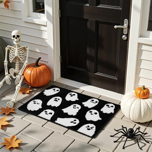 Miniatura 3 de Lindameler Alfombra de baño de Halloween, espeluznante alfombra de baño de fantasma blanco y negro para decoración de baño de Halloween