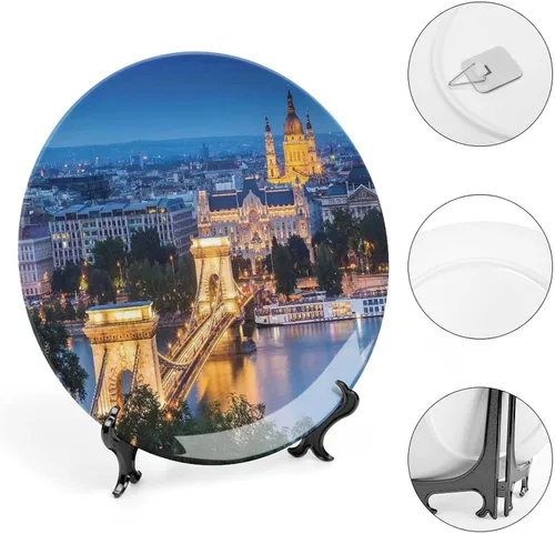 Miniatura 4 de XISUNYA Plato decorativo de 6 pulgadas, placa de porcelana con paisaje urbano, puente histórico antiguo en Budapest, impresión tradicional europea
