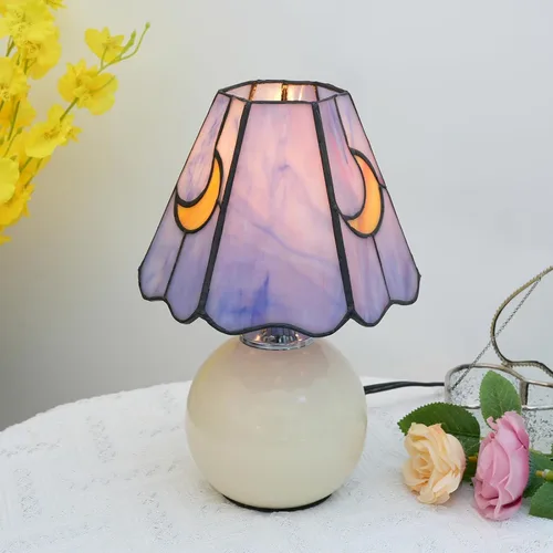 Miniatura 4 de Lámpara de mesa de noche de luna de cristal de cristal, lámpara de mesita de noche estilo Tiffany con bombilla E26, lámpara de acento pequeña rosa