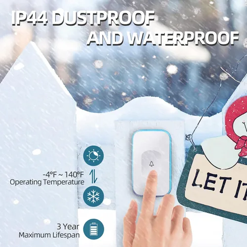 Miniatura 5 de Timbre inalámbrico de 1200 pies impermeable para el hogar con 36 melodías, 4 niveles de volumen, luz LED flash (1 receptor y 1 botón táctil blanco)