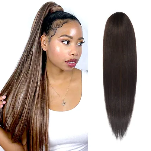 Miniatura 10 de GLAM21USA Extensión de cola de caballo recta de 28 pulgadas de largo con cordón para mujeres negras, extensión de cabello natural con clip, pieza