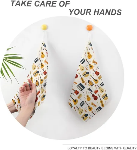 Miniatura 4 de Toallas de mano con estampado de instrumentos musicales retro para baño, cocina, bonitas toallas de cocina colgantes con lazo para colgar, toalla