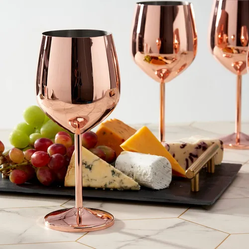 Miniatura 3 de Oak & Steel - Juego de 4 copas de vino de acero inoxidable de oro rosa en caja de regalo de Navidad, copa de vino de metal de 18 onzas, copas