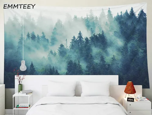 Miniatura 5 de EMMTEEY Tapiz de pared con bosque - Árbol de pino verde y niebla, arte de pared natural, 80x60 pulgadas, tapiz grande de estilo bohemio para sala