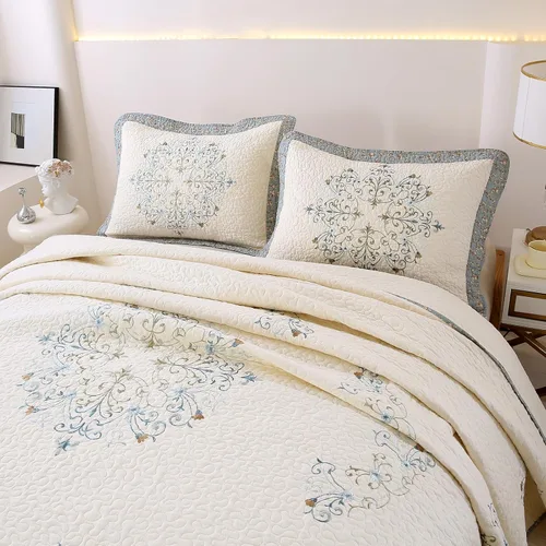Miniatura 4 de vctops Juego de edredón acolchado bordado floral bohemio de 3 piezas, tamaño Queen, 100% algodón, ligero y reversible, para todas las estaciones