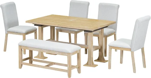 Miniatura 9 de Juego de mesa de comedor extensible de 6 piezas, juego de mesa de comedor para 6 personas con caballete de banco, juego de mesa de cocina con 4