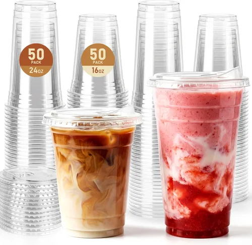 Miniatura 11 de Paquete de 25 vasos de plástico transparente de 16 onzas con tapas para sorber, sin BPA, aptos para alimentos, desechables, tazas de café helado
