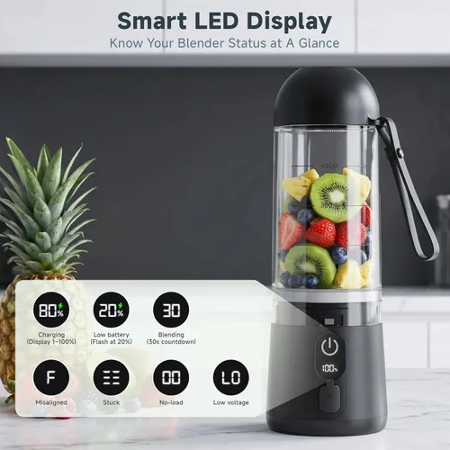 Miniatura 2 de Licuadora portátil, 8 cuchillas de tamaño personal para batidos, vaso exprimidor recargable USB C con pantalla LED, mini mezclador para viajes