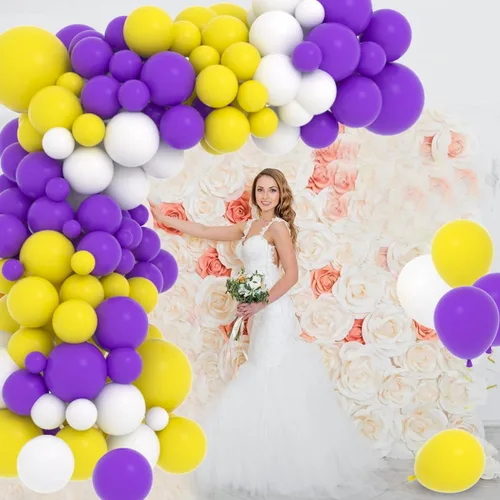 Miniatura 6 de Kit de arco de guirnalda de globos morados y amarillos y blancos, 122 globos amarillos, morados y blancos para cumpleaños, boda, aniversario