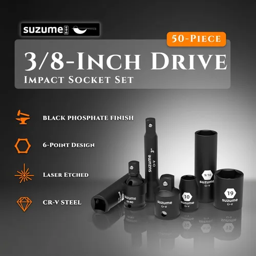 Miniatura 4 de SUZUME Juego de llaves de impacto de 3/8, acero Cr-V, 6 puntas, accionamiento de 3/8", 50 piezas métricas estándar (8-22mm) y SAE