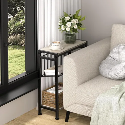 Miniatura 6 de Mesa auxiliar pequeña para espacios pequeños, mesa auxiliar estrecha de 3 niveles con portarevistas, mesita de noche delgada, mesa delgada para Gris