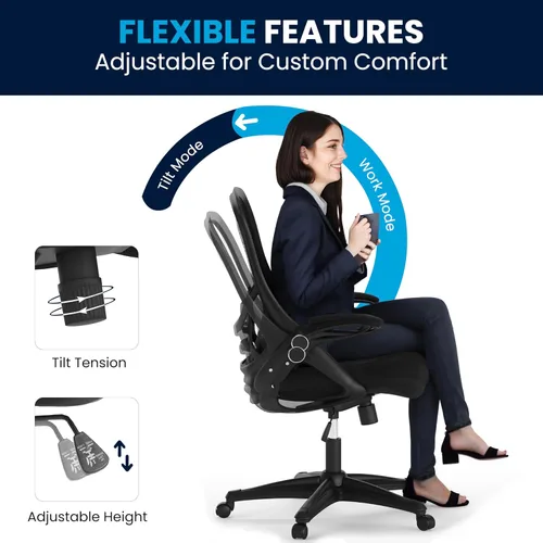 Miniatura 11 de Flash Furniture Porter - Silla de oficina giratoria ergonómica de malla negra con marco negro y brazos abatibles