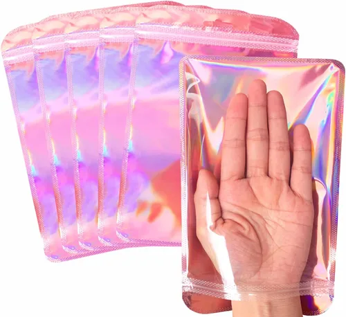 Miniatura 25 de 100 bolsas de embalaje holográficas resellables para pequeñas empresas, embalaje transparente con cierre de cremallera para recuerdos de fiesta