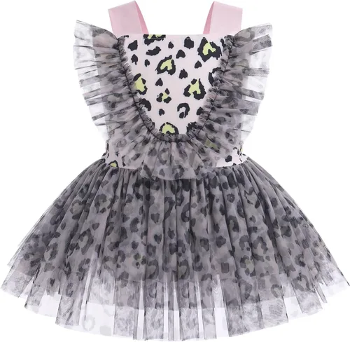 Miniatura 7 de IBTOM CASTLE Vestido de princesa tutú para niña pequeña con estampado de leopardo, dona, ratón, vestido de princesa con funda para pañales, conjunto