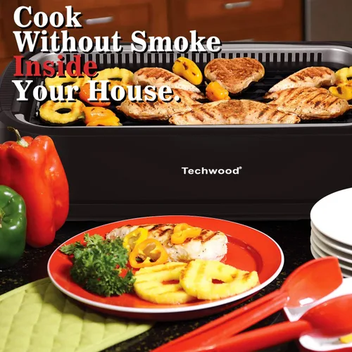 Miniatura 5 de Parrilla para interiores, Techwood 1500W sin humo con tapa de vidrio templado, parrilla eléctrica compacta y portátil antiadherente con control de 6