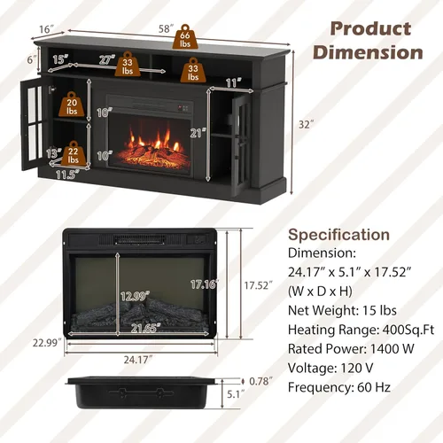 Miniatura 6 de SIMOE Soporte de TV con chimenea de hasta 40'' 65'' TV, chimenea eléctrica de 58 pulgadas, centro de entretenimiento con 2 gabinetes y control Negro