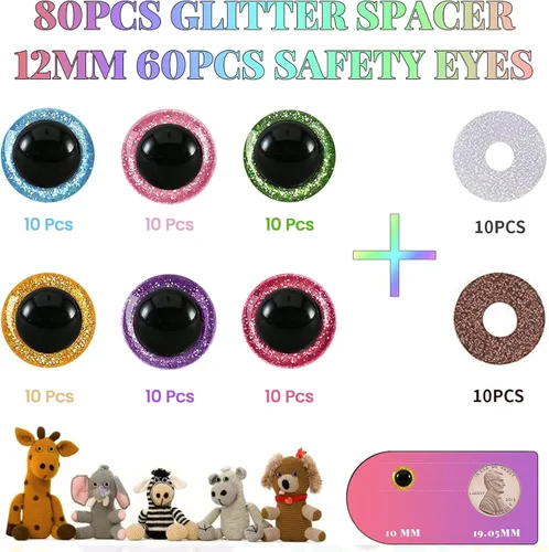 Miniatura 2 de MUCUNNIA 120 ojos de seguridad de 0.315 pulgadas para Amigurumi Ojos de seguridad de plástico con purpurina para ganchillo con arandelas, ojos