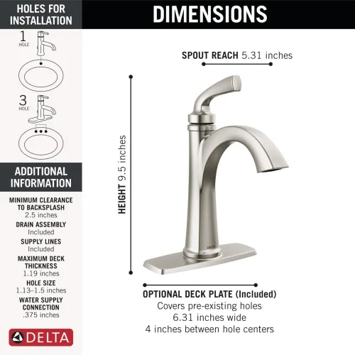 Miniatura 5 de Delta Geist - Grifo de baño de níquel cepillado de 1 agujero, grifo de lavabo de baño de un solo orificio para tocador, ensamblaje de drenaje
