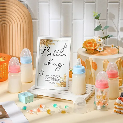Miniatura 4 de Roowest Bottle Chug Baby Shower Games Favores que incluyen 18 botellas con 1 botella de chug de madera para revelación de género y suministros