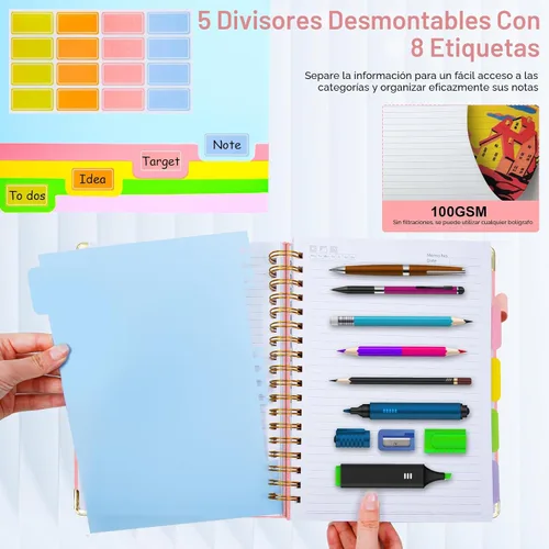 Miniatura 5 de Cuaderno de espiral con tapa dura, de 8 x 10 pulgadas, separadores y divisores extraíbles, 300 páginas, 5 asignaturas, a rayas, de piel sintética
