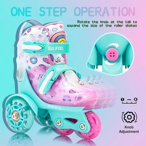 Miniatura 3 de SULIFEEL Patines ajustables para principiantes con rodilleras de unicornio arcoíris verde y rosa