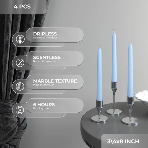 Miniatura 4 de CANDWAX Juego de 4 velas cónicas de 8 pulgadas, velas sin goteo, para cenas, fiestas o bodas, color azul claro