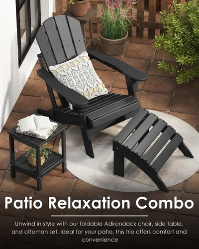 Miniatura 6 de GREENVINES Juego de 2 sillas plegables Adirondack Plástico HDPE Silla para hoguera Todo clima Portavasos Negro para terraza, patio