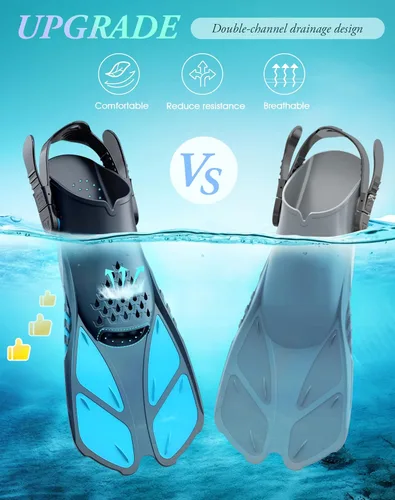 Miniatura 4 de Greatever Aletas de esnórquel con hebillas ajustables, talón abierto, aletas de natación de tamaño para viajar, cortas, para buceo, natación, Azul