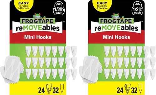 Miniatura 13 de FrogTape reMOVEables - Mini ganchos adhesivos para colgar, 18 ganchos transparentes y 24 tiras adhesivas, clips de interior sin daños para luces