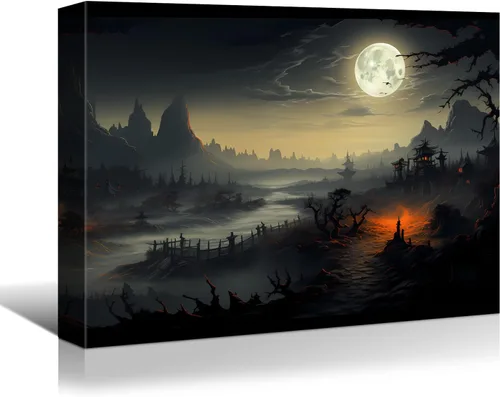 Miniatura 11 de YONICA Lienzo decorativo de Halloween para pared de sala de estar, decoración del hogar, árbol de Halloween y luna llena sobre lienzo, obra de arte