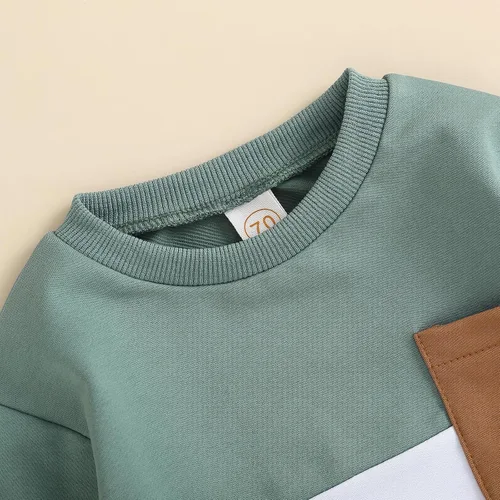 Miniatura 4 de BeQeuewll Ropa para bebé niño de otoño e invierno, 2 piezas, bloque de color, sudadera y pantalones con cuello redondo