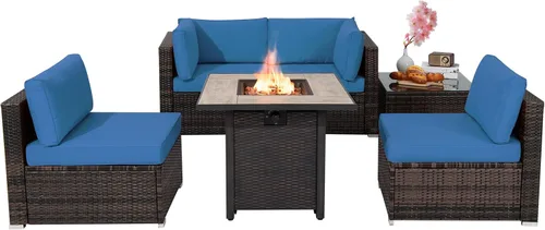 Miniatura 11 de Tangkula Patiojoy Juego de sofá de ratán para exteriores de 6 piezas con mesa de fuego de gas propano de 30 pulgadas, mesa de cerámica para fuego