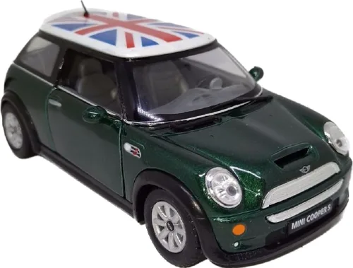KiNSMART - Mini Cooper S - Coche de juguete modelo de metal fundido a presión de 5 pulgadas, escala 1:28 (bandera británica verde)