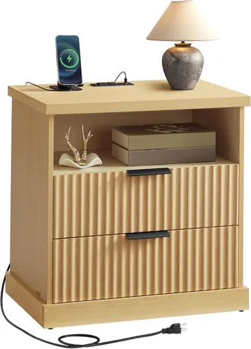 VASAGLE - Colección MAXE - Mesita de noche con estación de carga, soporte estriado, mesa de noche, mesa auxiliar de estilo moderno de mediados de