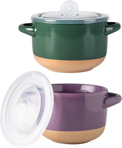 Miniatura 9 de AmorArc Juego de 2 cuencos de sopa de 24 onzas con asas grandes y tapas, cuencos de cerámica para sopa, cereales, guisos, fideos, coloridos cuencos