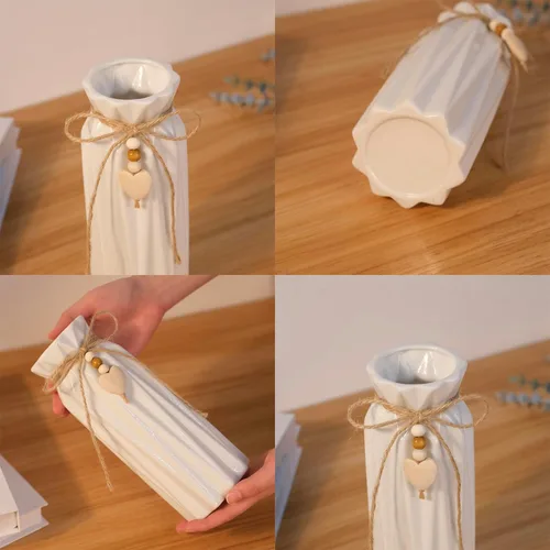 Miniatura 4 de Elegante jarrón de cerámica de 8 pulgadas con patrón geométrico, jarrón decorativo con cuerda de yute y dije de corazón para decoración del hogar