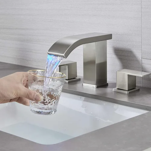 Miniatura 5 de Grifos de baño generalizados con luz LED para fregadero de 3 agujeros, cascada - Grifo de baño con ensamblaje de drenaje emergente, grifo