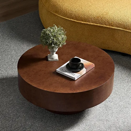 Miniatura 13 de Mesa de centro moderna de madera redonda acanalada, Ø31.5 x 13.8 pulgadas de alto, espacio pequeño, color marrón, tambor circular, centro estriado