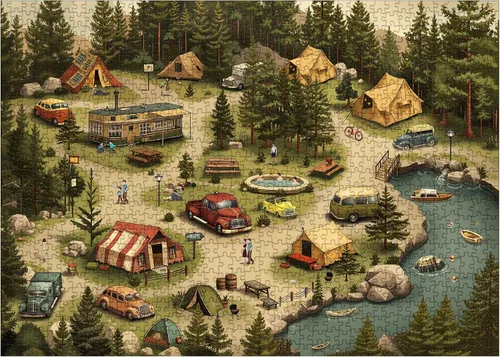 Miniatura 2 de Rompecabezas Vintage de Campamento en el Bosque para Adultos de 1000 Piezas, Rompecabezas Escénico de Lago al Aire Libre de RV, Rompecabezas Camping