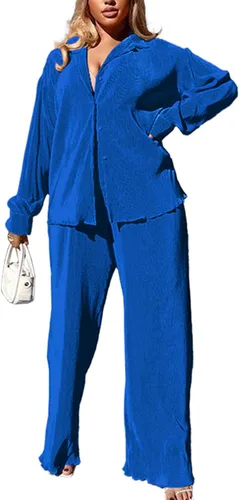 Miniatura 2 de kaimimei - Conjunto informal de 2 piezas para mujer, camisa de lino de manga larga con botones y pantalones acampanados, plisados, de pierna ancha
