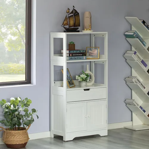Miniatura 5 de Basicwise Tocador alto de almacenamiento de madera, despensa de cocina y organizador de armario de baño, con 2 estantes abiertos, un cajón y armario