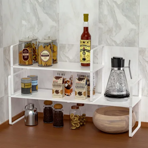Miniatura 5 de Paquete de 2 organizadores de estantes de gabinete de cocina expandibles, estantes de almacenamiento de despensa de metal apilables, estante Blanco