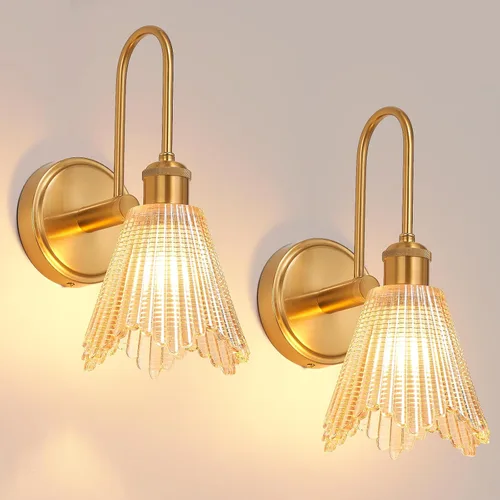 Juego de 2 apliques de pared, lámparas vintage doradas con pantalla larga de vidrio ámbar, apliques cableados para dormitorio, baño, sala de estar,