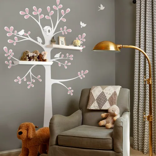 Simple Shapes - Adhesivo para pared de árbol con pájaros (tamaño pequeño (aprox.): 51 pulgadas de ancho x 88 pulgadas de alto, esquema B